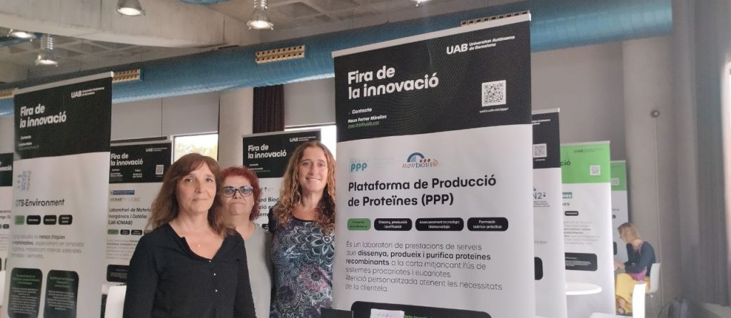 In the picture PPP NANBIOSIS U1 Scientists at PPP stand at the Fair: Neus Ferrer, Scientific Director; Rosa Mendoza, Laboratory Manager, and Mercedes Marquez, Scientific Coordinator.